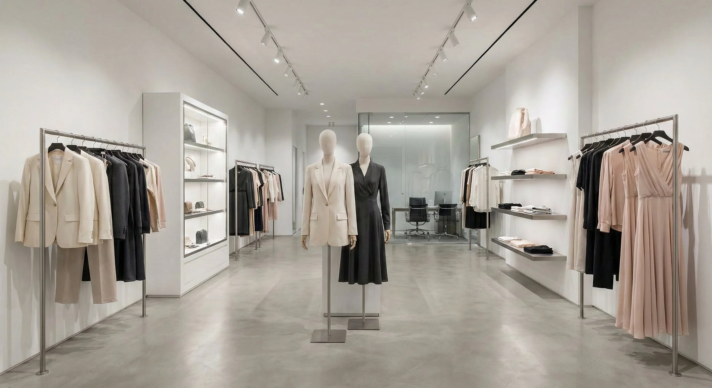 Empty clothing store with mannequins, racks of clothing, and shelves. Modern and minimalist design with white walls and light gray flooring.