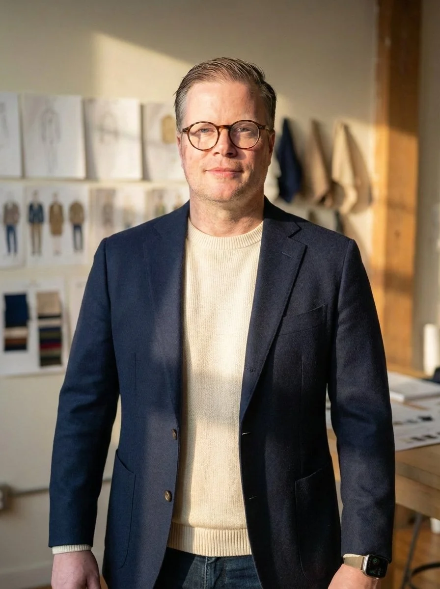A man with glasses and short, slicked-back hair, wearing a navy blazer and a cream sweater under it, standing indoors with fashion sketches and fabric samples on the wall behind him.