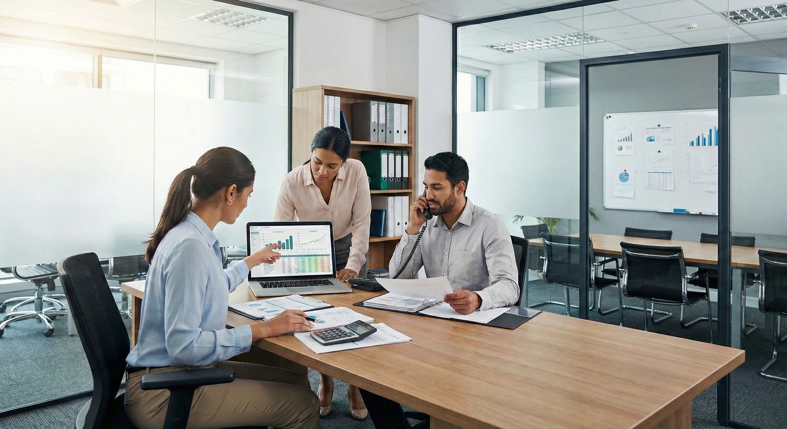 Three professionals in a meeting room with charts and graphs on a laptop and papers, discussing work.