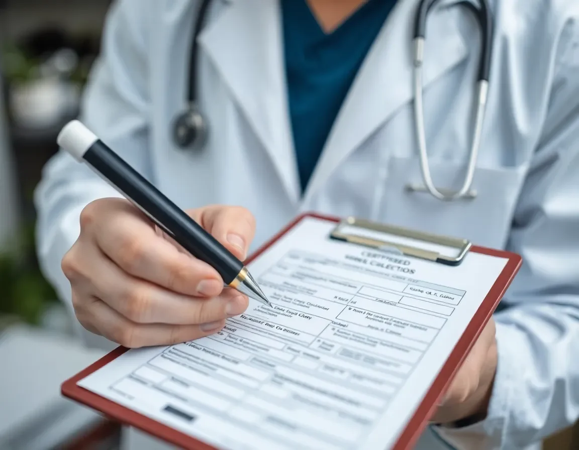 A healthcare professional wearing a white coat and stethoscope filling out a medical form on a clipboard with a black pen.