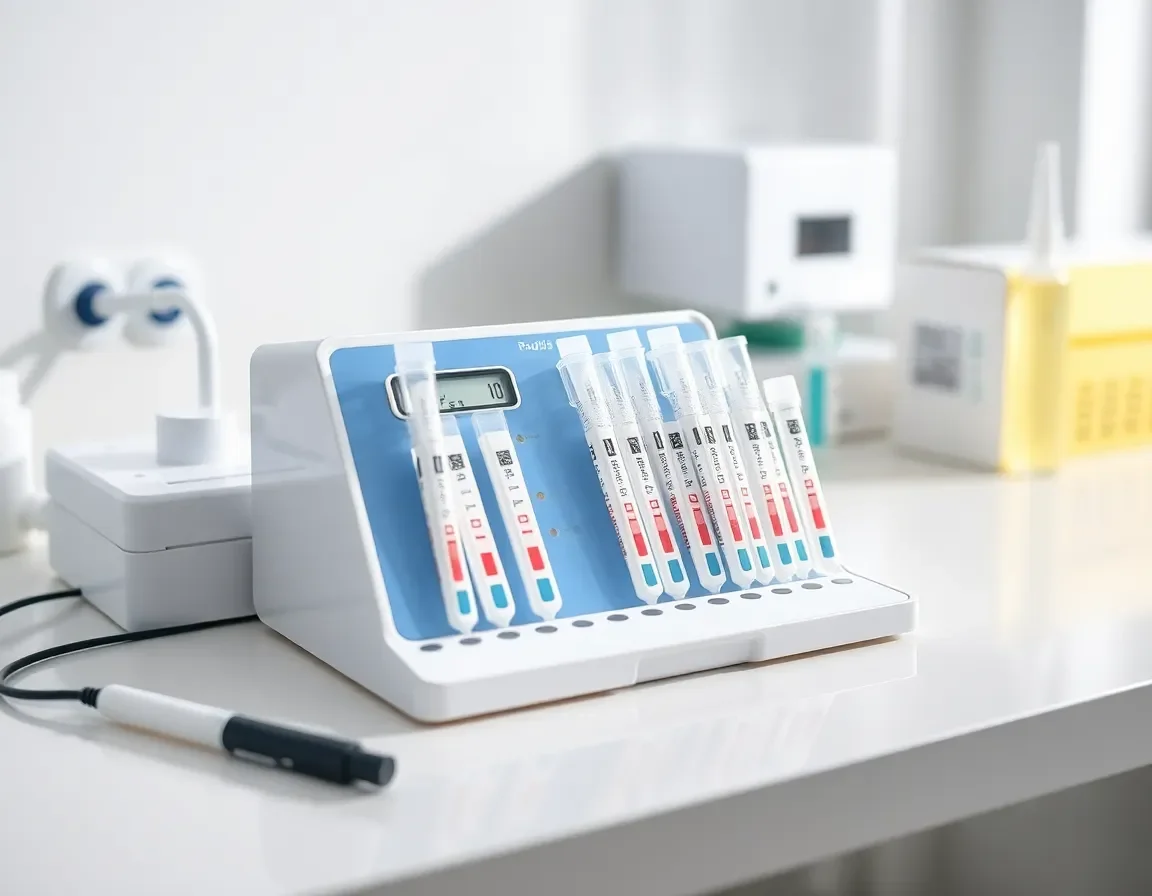 Medical testing equipment with several test tubes filled with blood samples next to a pen and a white electronic device.