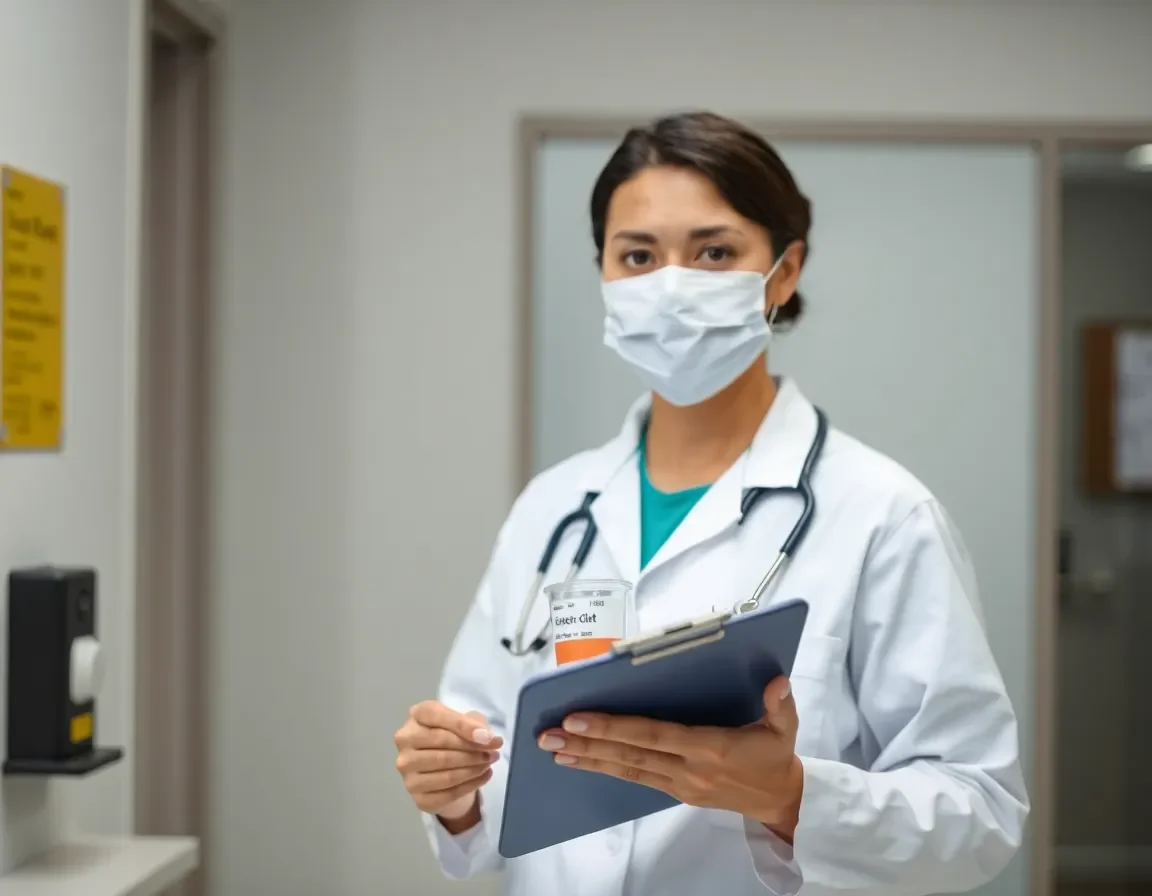 A female doctor wearing a face mask and white coat holding a clipboard and a cup, standing in a hospital hallway.