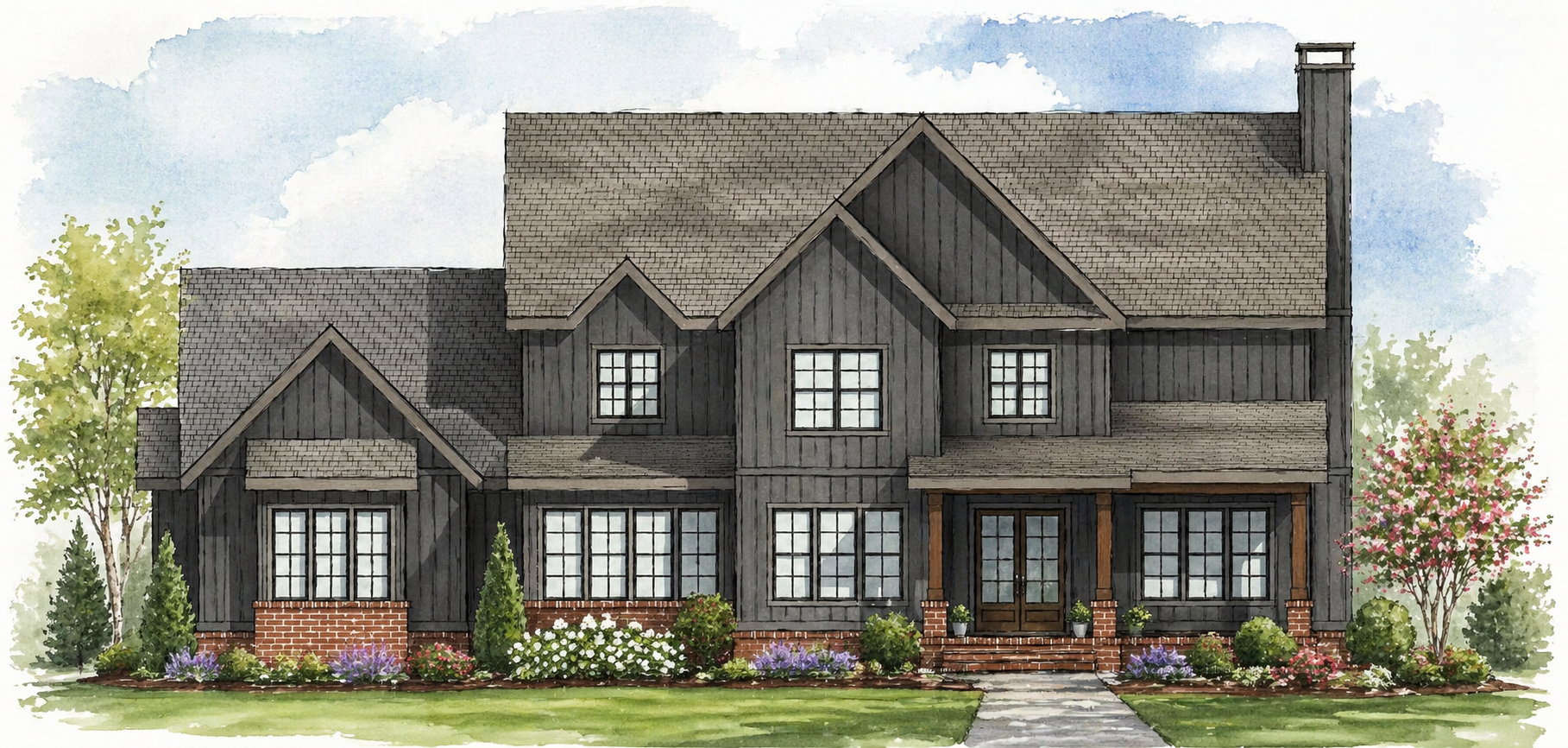 A watercolor illustration of a two-story house with dark horizontal siding, multiple gabled roofs, brick foundation, front porch with wooden columns, and surrounded by landscaped garden with trees, shrubs, and flowers.