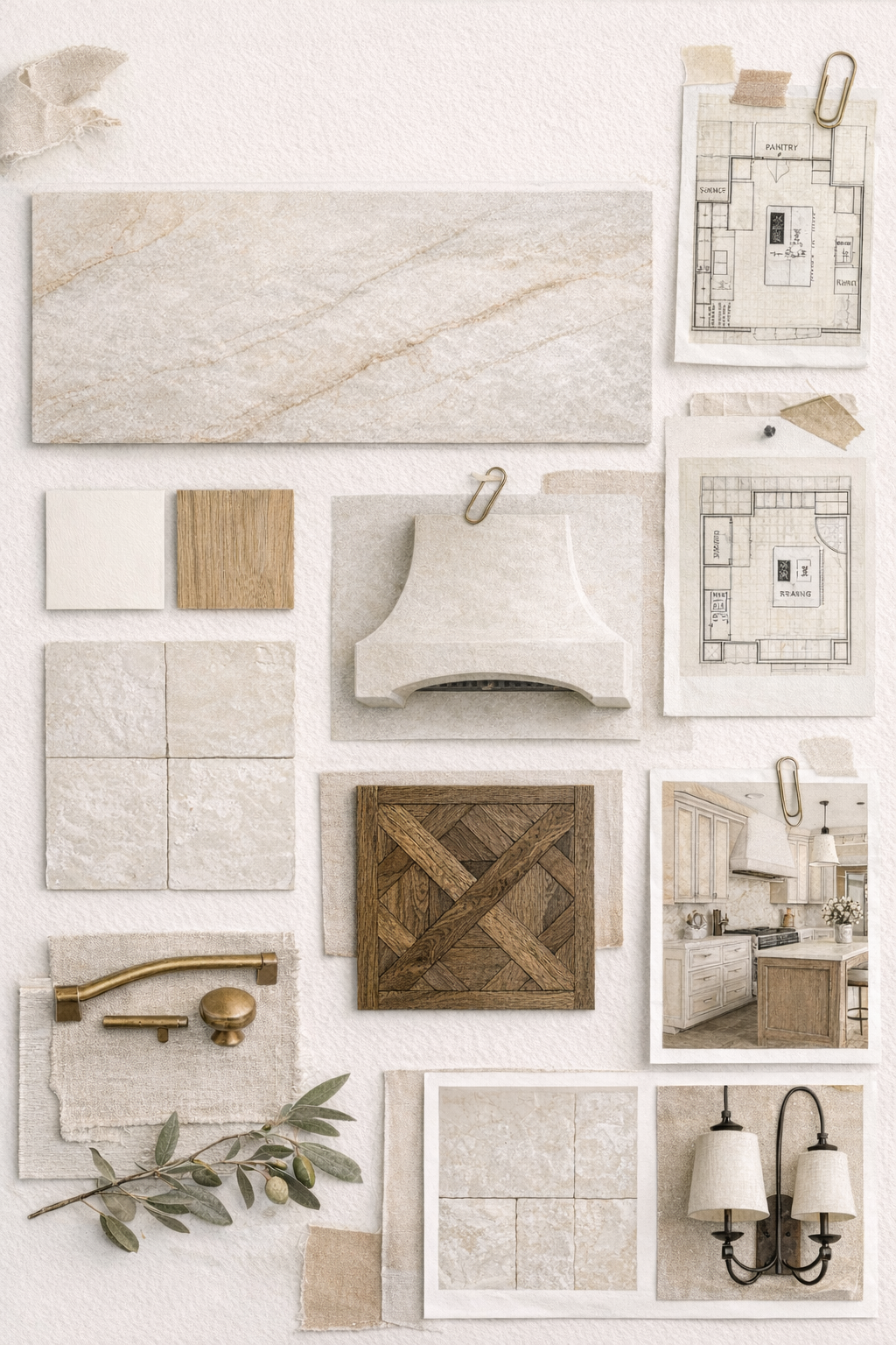 A collage of interior design materials including tile samples, wood textures, hardware, paint swatches, floor plan sketches, and a photograph of a kitchen with white cabinetry and a rustic wooden island.