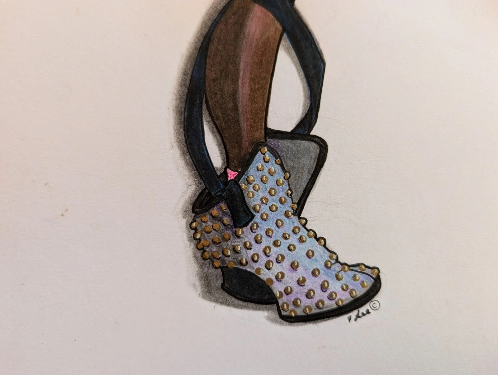 Studded Boot
Colored Pencil and Ink on Paper
10" x 11" (w Frame)