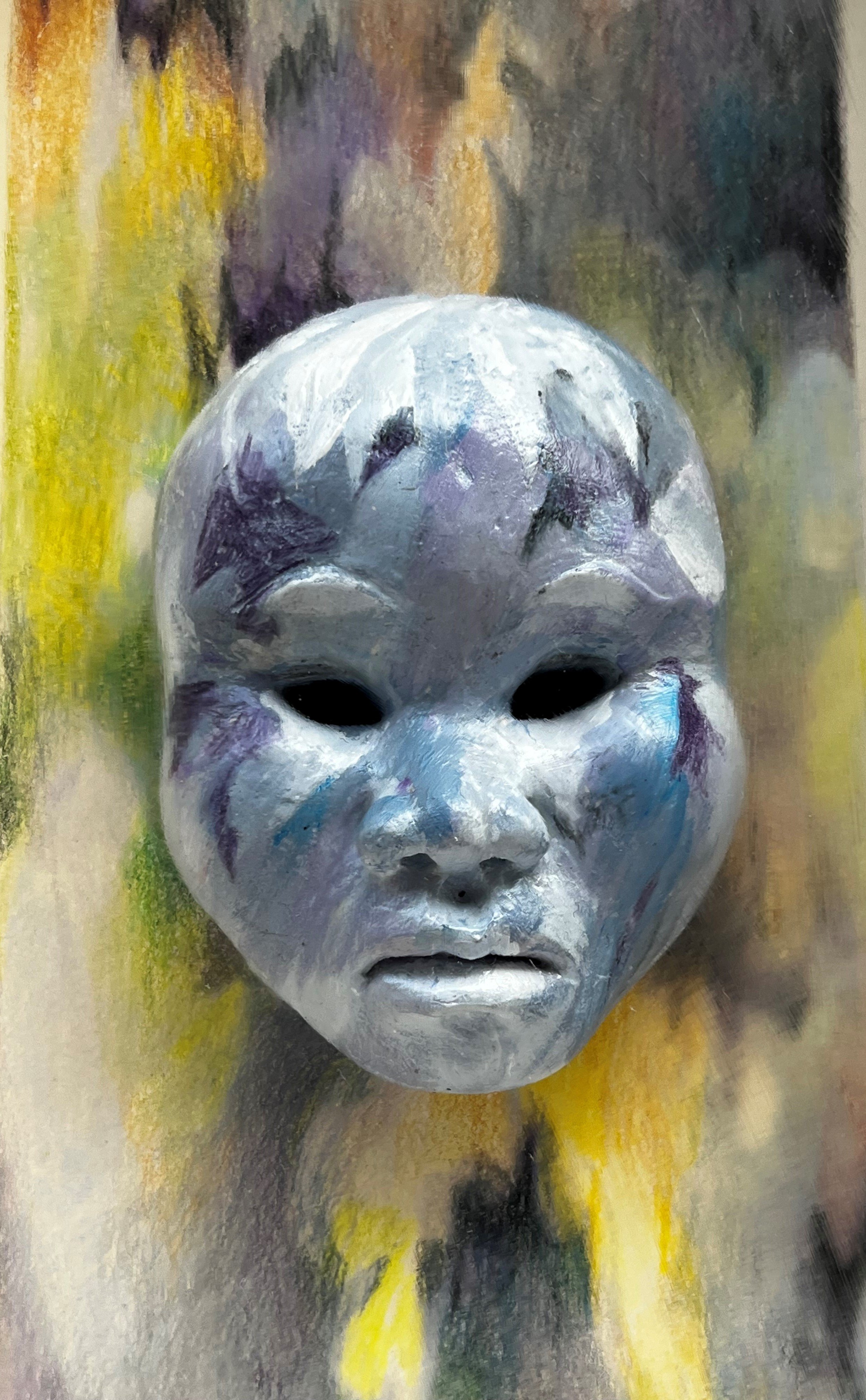 Blue Face Mask (Detail)
Acrylic and Colored Pencil over Clay and Mounted to Colored Mat Board (w white Frame)
7.5" x 16.5" x 2.5"