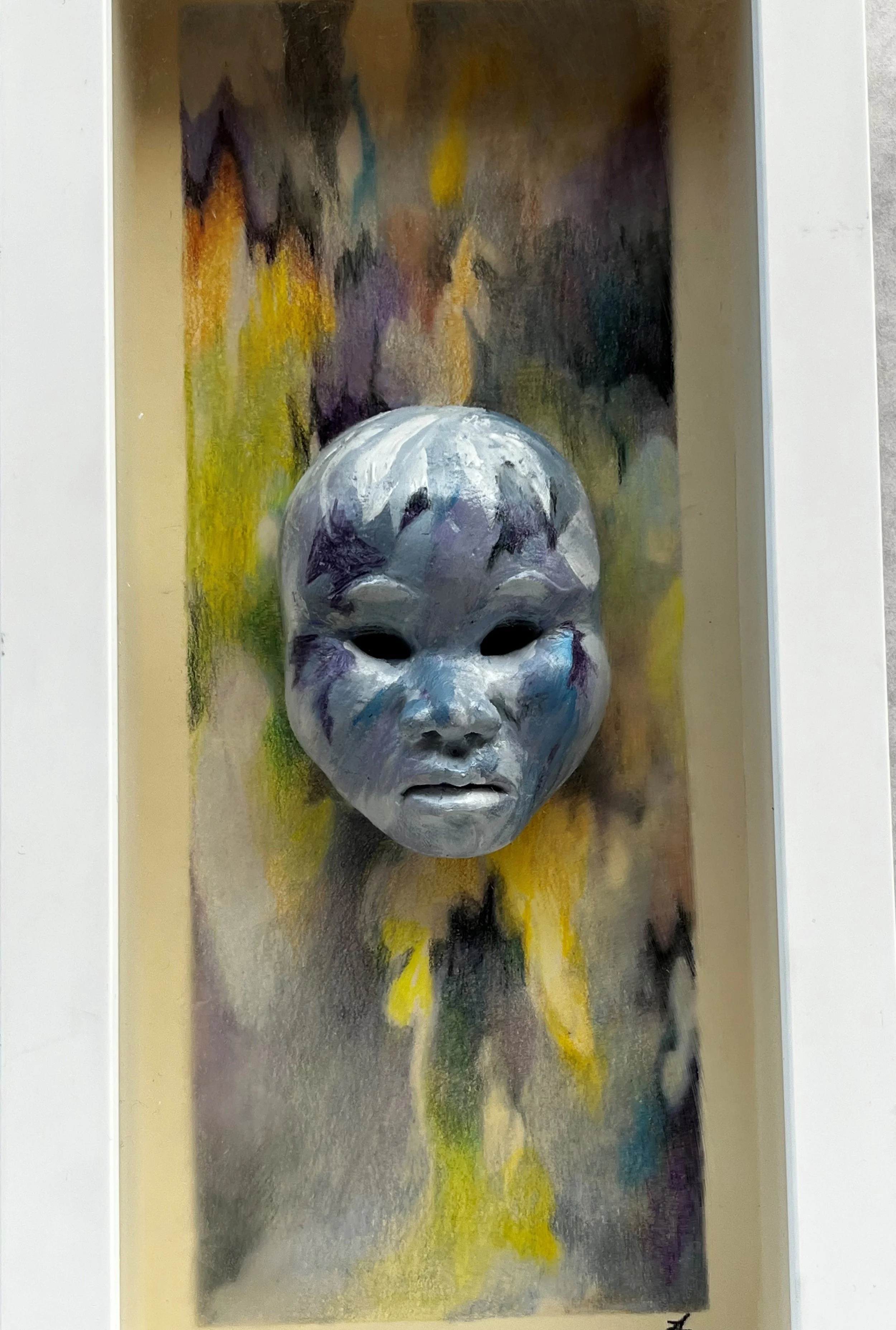 
Blue Face Mask/
Acrylic and Colored Pencil over Clay and Mounted to Colored Mat Board (w white Frame)
7.5" x 16.5" x 2.5"

