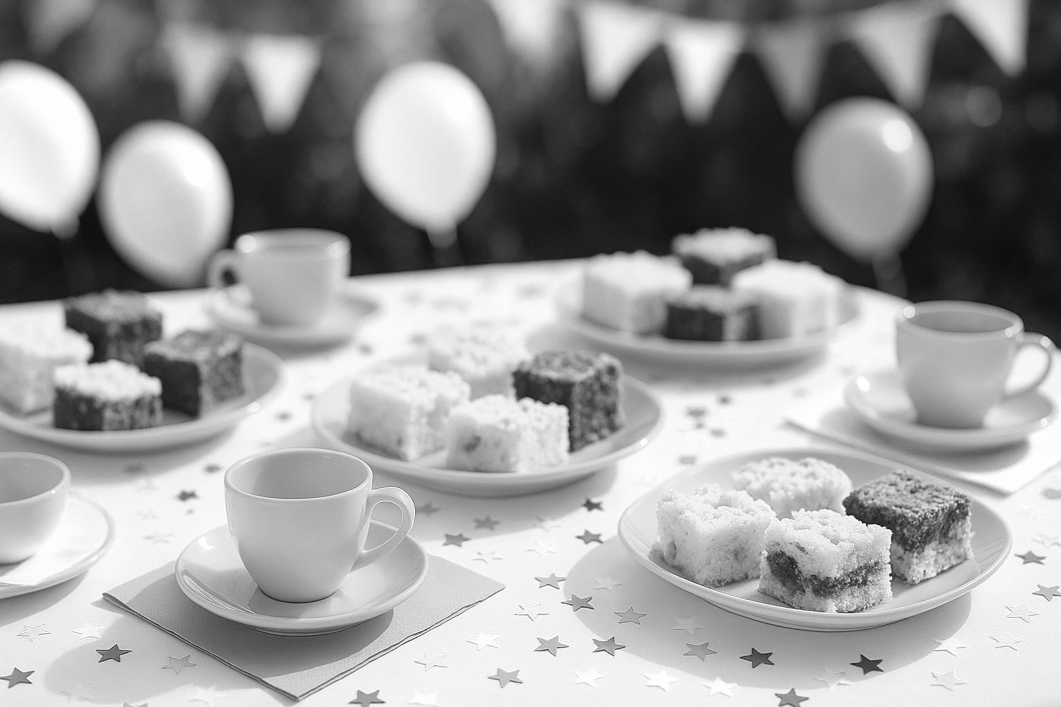Bunte Party-Tafel mit Kuchenstücken, Kaffeetassen und bunten Luftballons im Hintergrund.