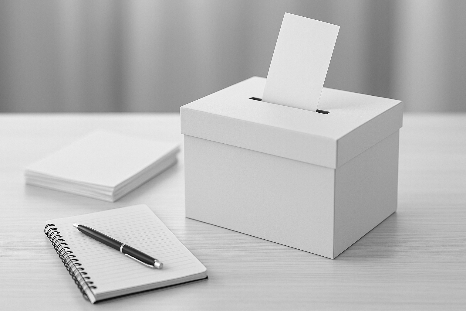 Ein weißer Briefkasten mit einem eingezogenen Umschlag auf einem Holz Tisch, daneben ein Notizbuch mit einem Stift und ein Stapel weißer Zettel