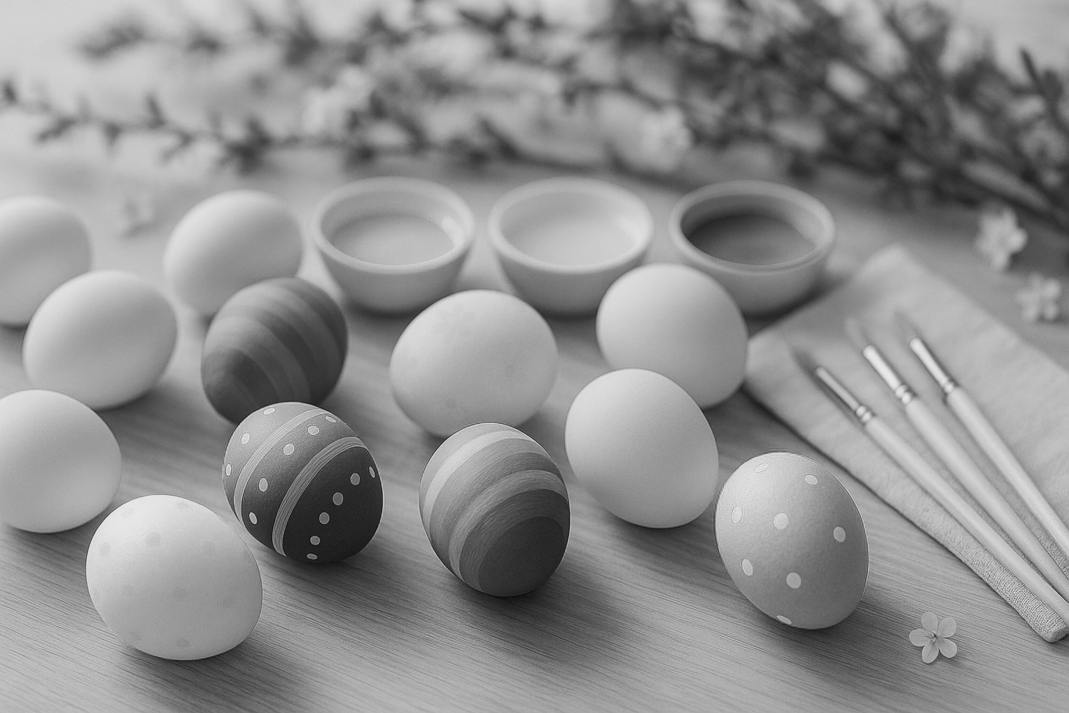 Bemalte Ostereier, Wasserfarben, Pinsel, Blumen im Hintergrund auf einem Holztisch.