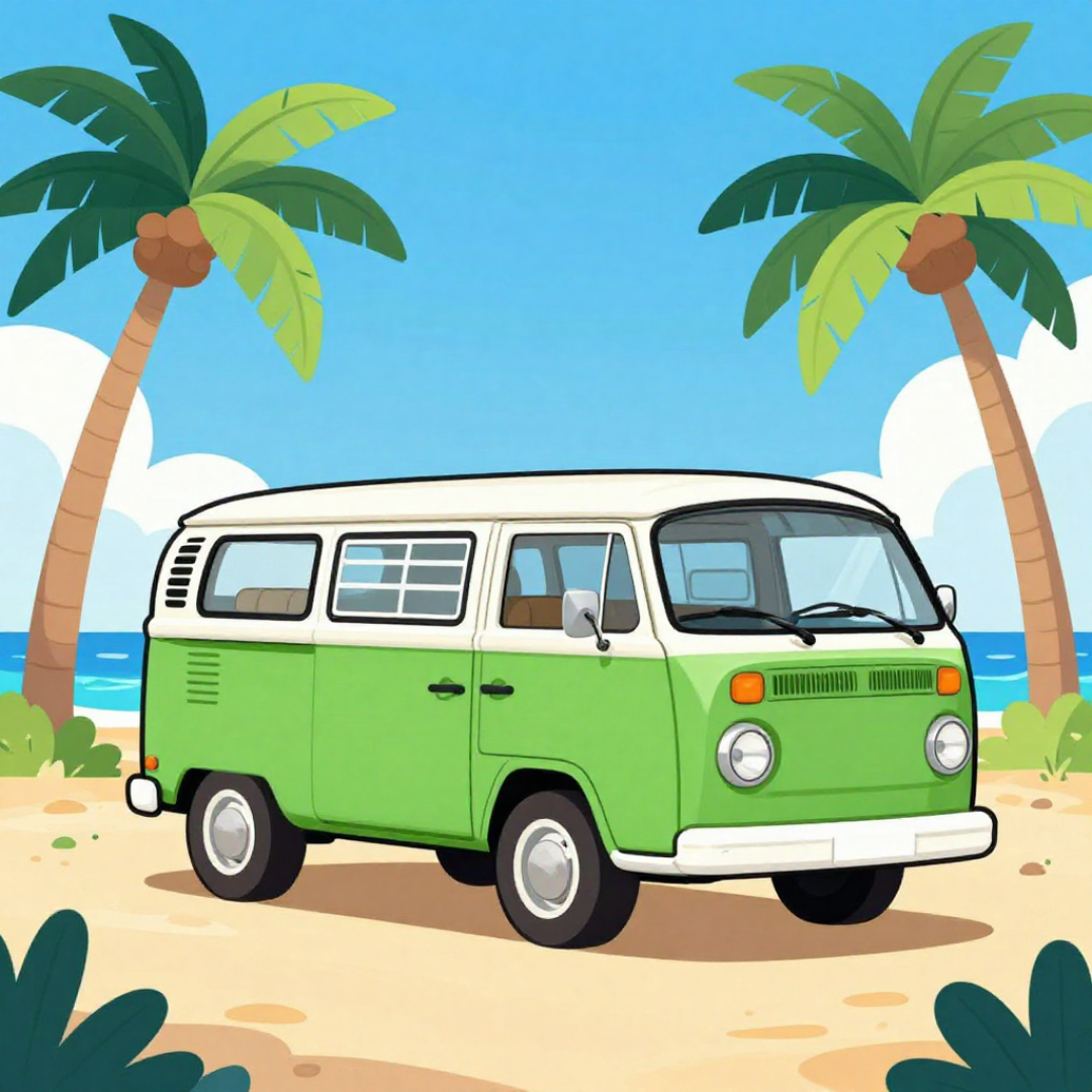 A cartoon image of a green and white vintage camper van parked on a beach with two palm trees in the background.