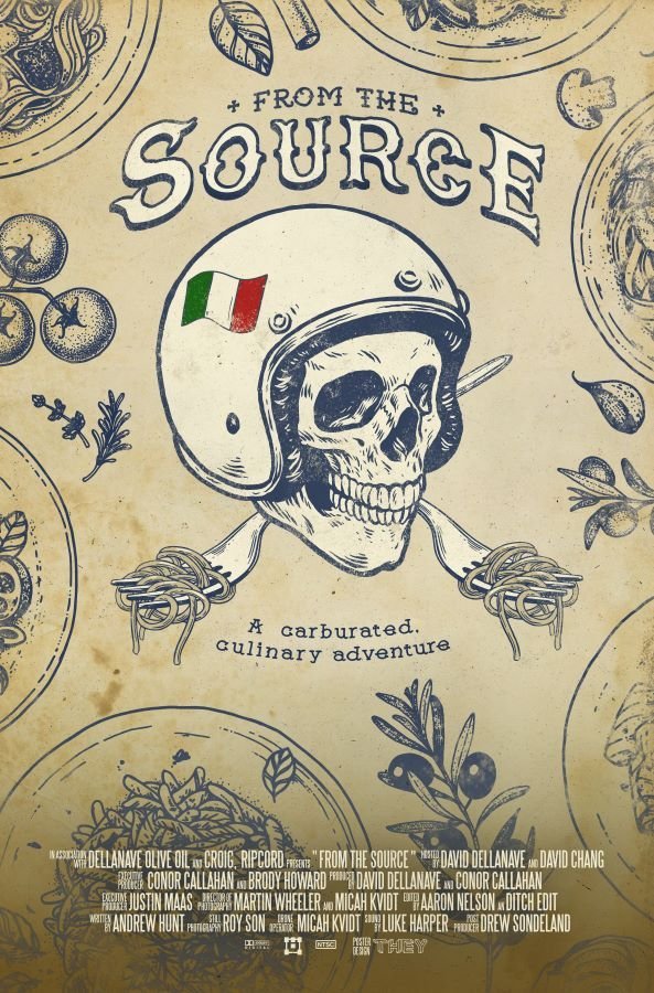 Cover art for a culinary adventure book or program titled "From the Source," featuring a skull wearing a white helmet with an Italian flag, with spaghetti noodles in its eye sockets and flesh-eating plants and herbs around it.