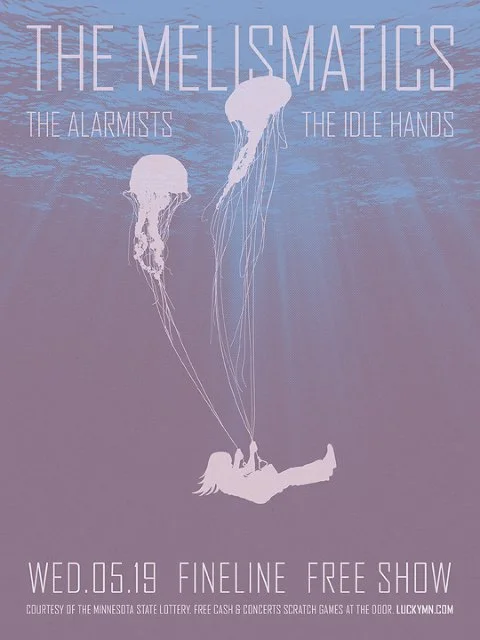 Concert poster for The MelisMagic featuring The Alarmists and The Idle Hands, scheduled for Wednesday, May 19 at Fineline, with a free show.