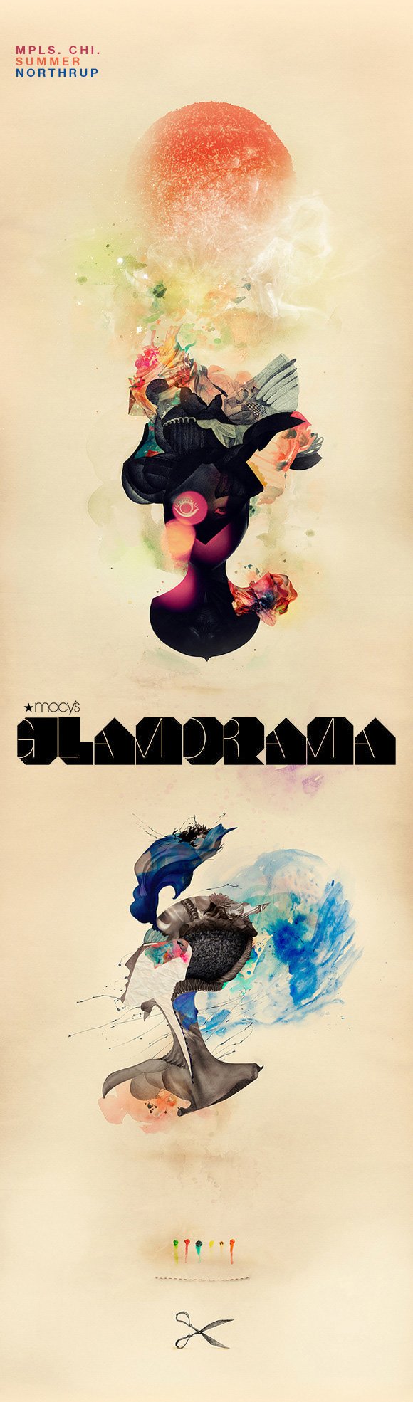 Abstract promotional poster for Macy's Glamorama featuring a surreal collage of colorful shapes, ink splashes, and a silhouette of a woman's face, with text indicating Minneapolis, Chicago, Summer, and Northrup.