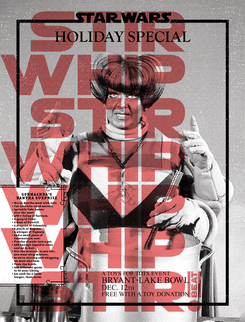 Poster for a holiday special event featuring Gormanda's Bantha Surprise, with a black and white image of Princess Leia from Star Wars, holding a spoon, with large red text in the background.
