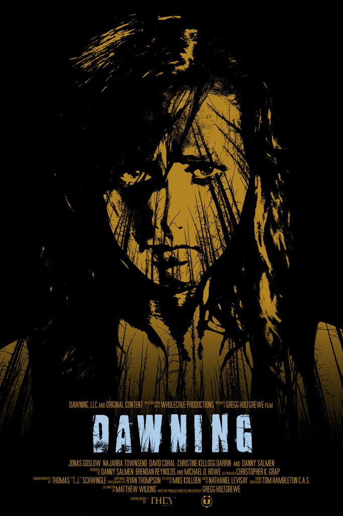 A dark movie poster featuring a woman's face with trees overlaid on her skin, titled "Dawning."