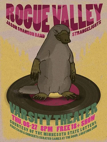 Poster for Rogue Valley Varsity Theater featuring Jason Shannon Band Strangelights, taking place on May 27 at 8 PM. Free for ages 18 and older, with a note about the Minnesota State Lottery free cash and concerts at the door.