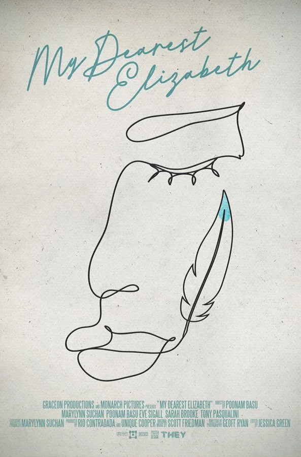 Minimalist line drawing of a person's face with closed eyes, wearing a hat and feather earring, with handwritten text 'My Dearest Elizabeth' at the top and credits at the bottom.