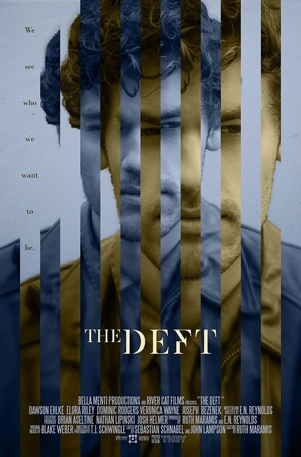A promotional poster for the movie "The Deft" features a close-up of a young man with curly hair and a serious expression. The image is divided into vertical strips with alternating blue and gold hues. The movie title, "The Deft," is centered in whit
