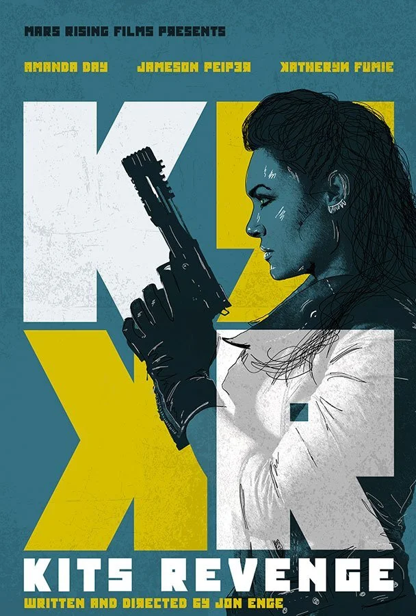 Poster for 'Kits Revenge' showing a woman with long dark hair holding a gun, with yellow and white geometric shapes in the background, and text displaying the cast and creator information.