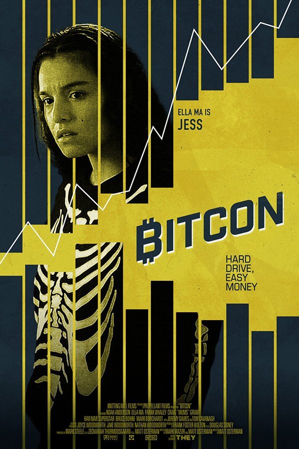Promotional poster for the documentary 'BITCON' featuring Ella Ma as Jess, with a serious expression. The poster has a yellow background with black and blue text, chart lines, and bar graphs symbolizing cryptocurrency and finance themes.
