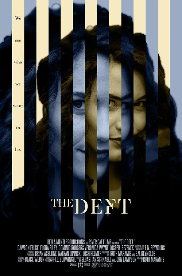 Promotional poster for the film 'The Deft' featuring a woman's face fragmented into vertical strips, with text on the left side and film credits at the bottom.
