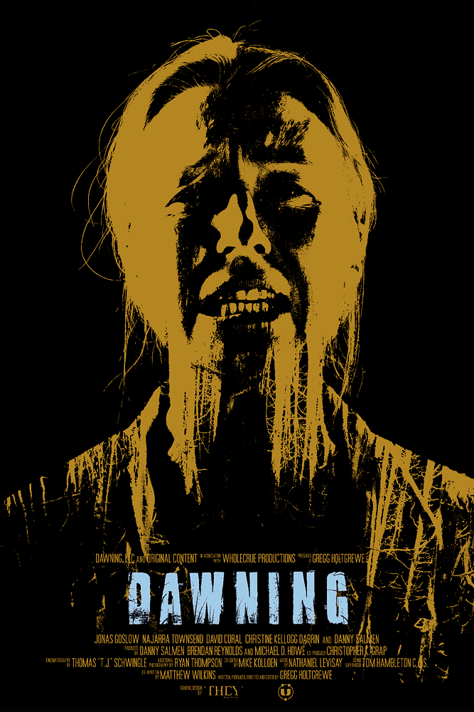 A dark stylized poster for the movie "Dawning" featuring a close-up of a woman's face with long hair, partially obscured by dripping paint or tears, in gold and black colors.