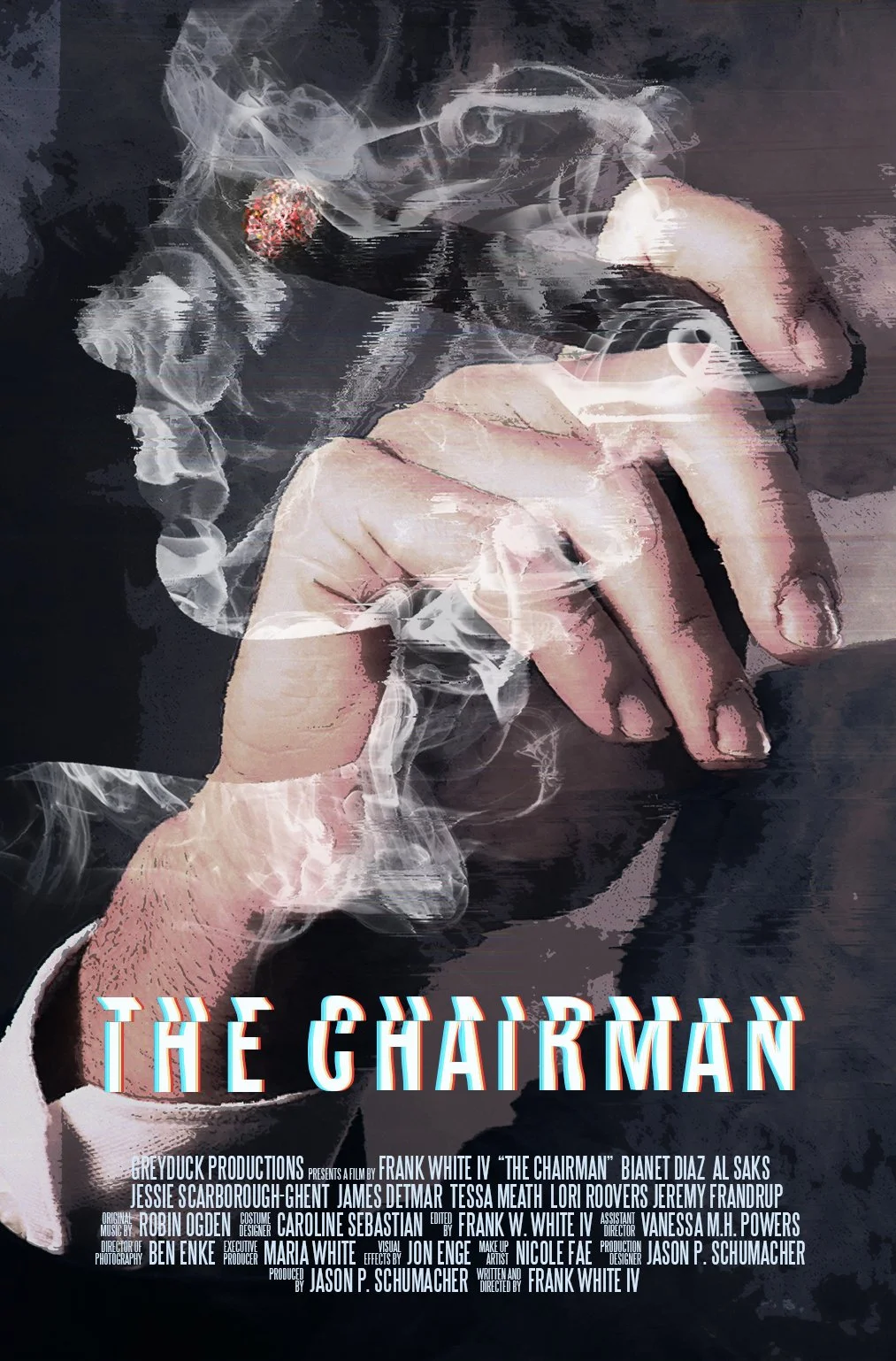 Poster for a film titled 'The Chairman' featuring a close-up of a hand smoking a cigarette with smoke swirling around. The title is at the bottom in bold letters.