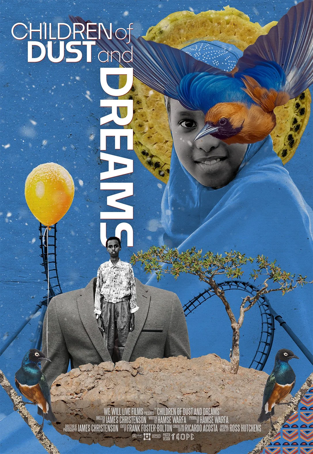 A surreal collage poster titled "Children of Dust and Dreams" featuring a young boy with a bird face in a blue outfit, a large yellow moon, birds, trees, a roller coaster, and various textures on a blue background.