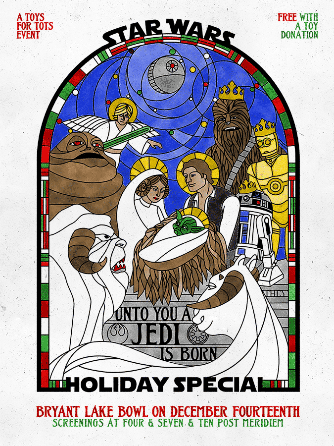 Colorful poster for a Star Wars-themed holiday event at Bryant Lake Bowl on December 14th, featuring characters like Yoda, Chewbacca, Han Solo, Darth Vader, and others in stained-glass style with event details in bold text.