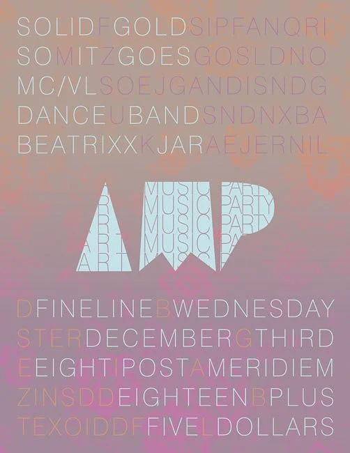 Stylized text with the large letters 'AMP' in the center, surrounded by various words and phrases related to music, dance, parties, and dates in pastel colors on a gray background.