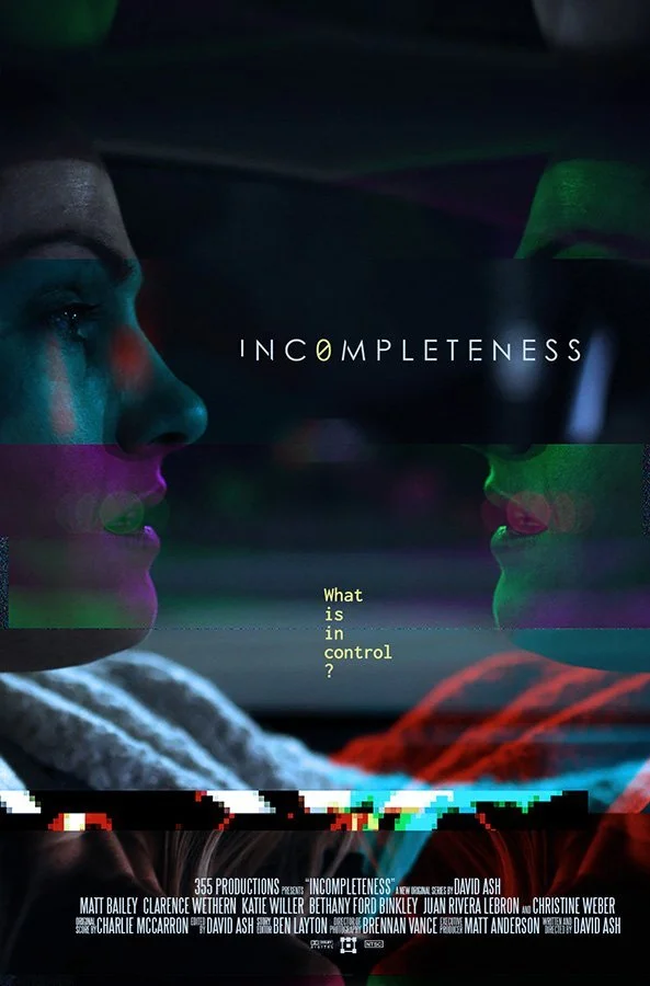 A woman with long hair looking at her reflection in a mirror, with the word 'INCOMPLETENESS' and the phrase 'What is in control?' overlaid on the image, suggesting a theme of self-reflection or inner struggle.