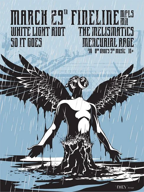 A stylized concert poster featuring a winged woman with arms outstretched, standing in water with lightning and rain in the background. Text announces an event on March 29th with bands White Light Riot, The Melisantics, 50 It Goes, and Mercurial Rage