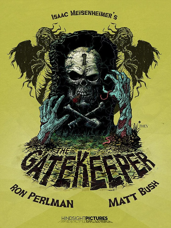 A stylized poster for the movie 'The C Allenged' featuring a skull with a cracked face, a cigar in its mouth, and two greenish hands with bloody wounds. The skull is surrounded by two figures with hair flowing into the background, and the title is cr