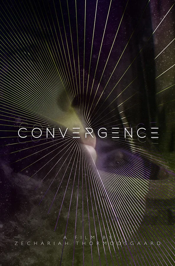 A poster for the film 'Convergence' featuring an abstract cosmic background with starry space and radiant lines emanating from the center, with the title 'CONVERGENCE' in the middle, and text at the bottom indicating it's a film by Zechariah Thormodu