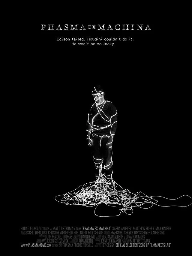Dark poster for 'Phasma Ex Machina' featuring a person wrapped in glowing light trails standing on a tangled mass of light trails on the ground, with text indicating it's a film.