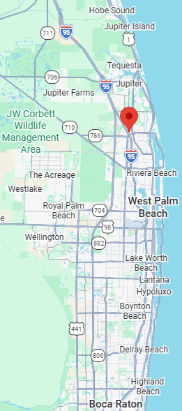 Map showing the location of West Palm Beach, Florida, with nearby cities and highways, including Interstate 95 and surrounding areas.