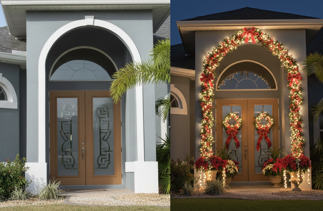Palm Beach luxury Christmas porch design by PB365designs, Seasonal entryway styling with custom ribbon bows, Coastal holiday décor installation in Palm Beach Gardens, Palm Beach, Jupiter, North Palm Beach, Singer Island, Boca, Delray