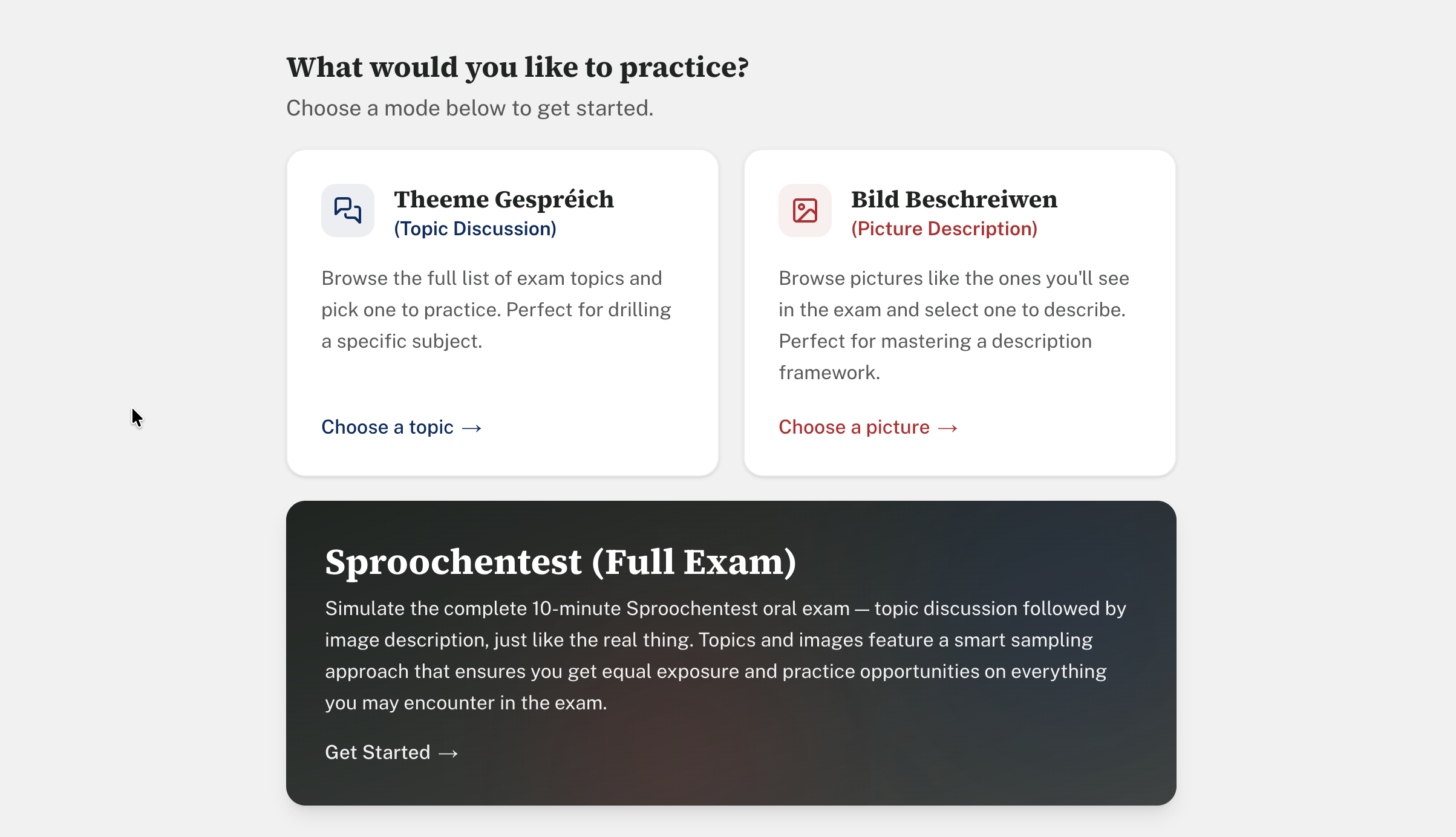 Step one of the SproochePrett app: selecting a Luxembourgish topic discussion, picture description, or full oral exam simulation.