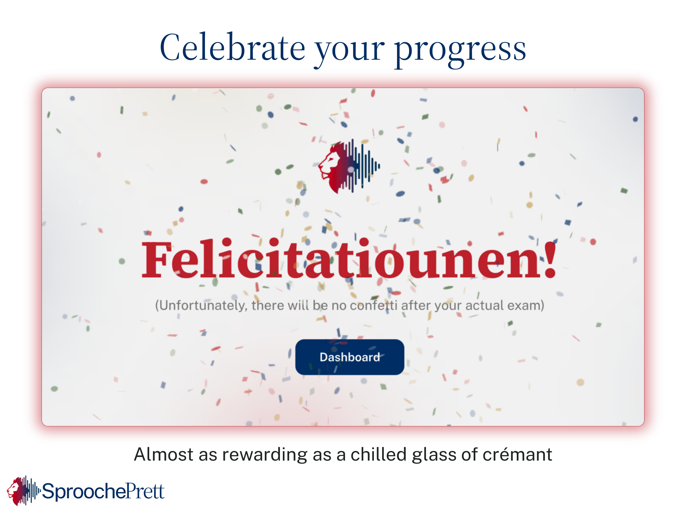 Celebration screen in the SproochePrett app showing the word Felicitatiounen and confetti after completing a Luxembourgish practice exam