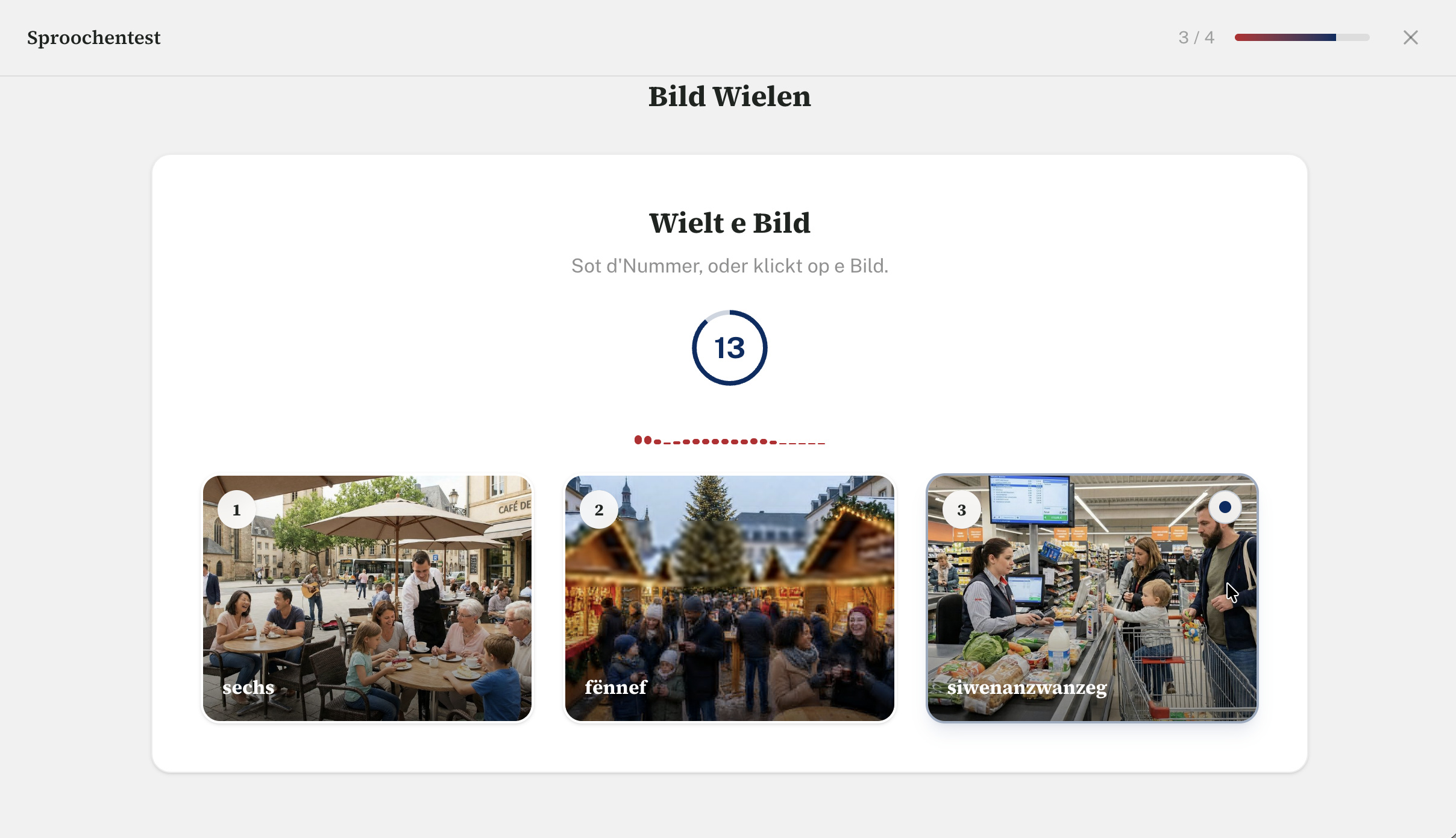 Practicing the Sproochentest picture description section using a timer and guided vocabulary hints to build oral fluency.