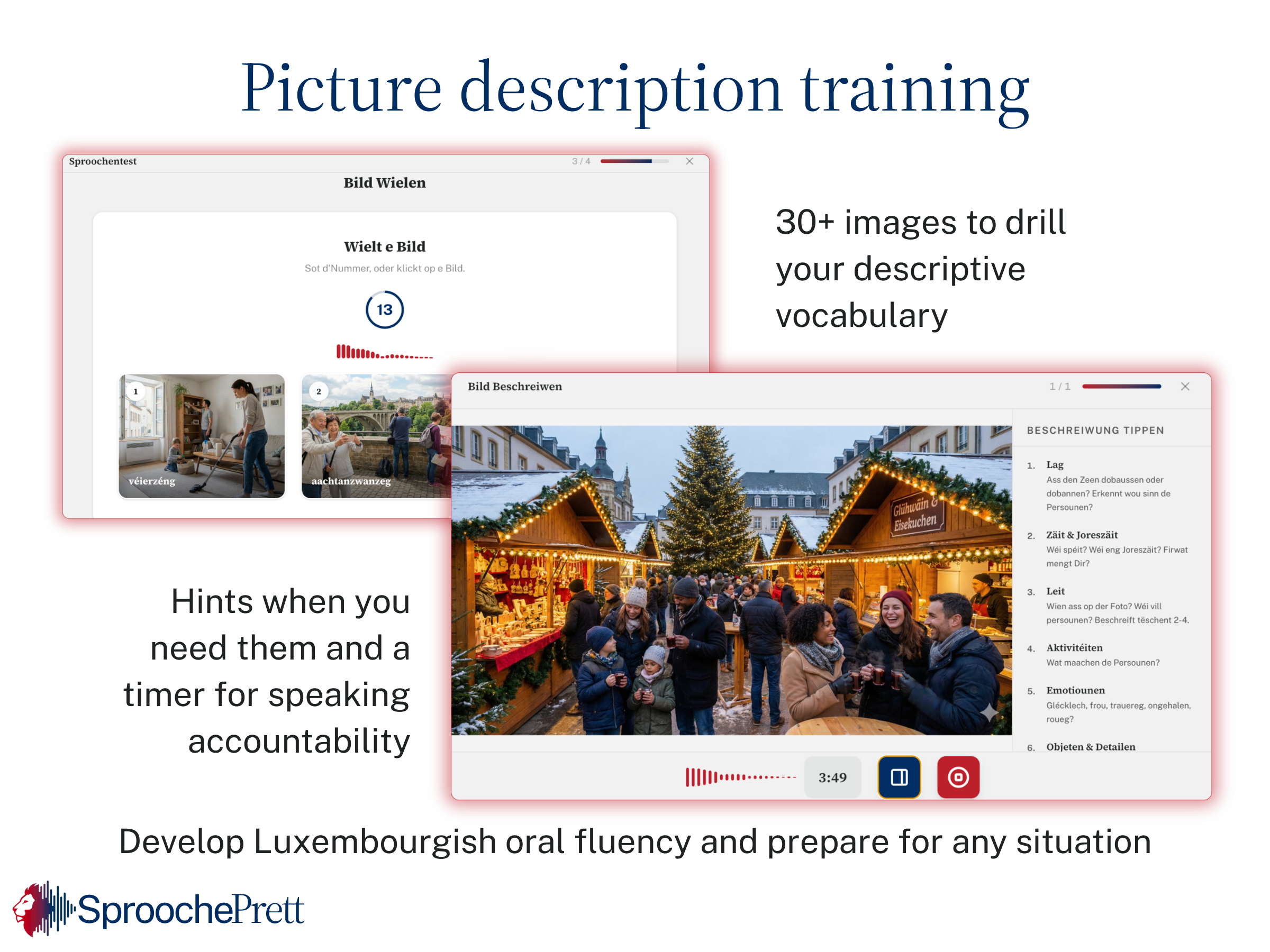 Picture description training screen in the SproochePrett app, showing a photo of a Luxembourg Christmas market with a speaking timer and vocabulary hints