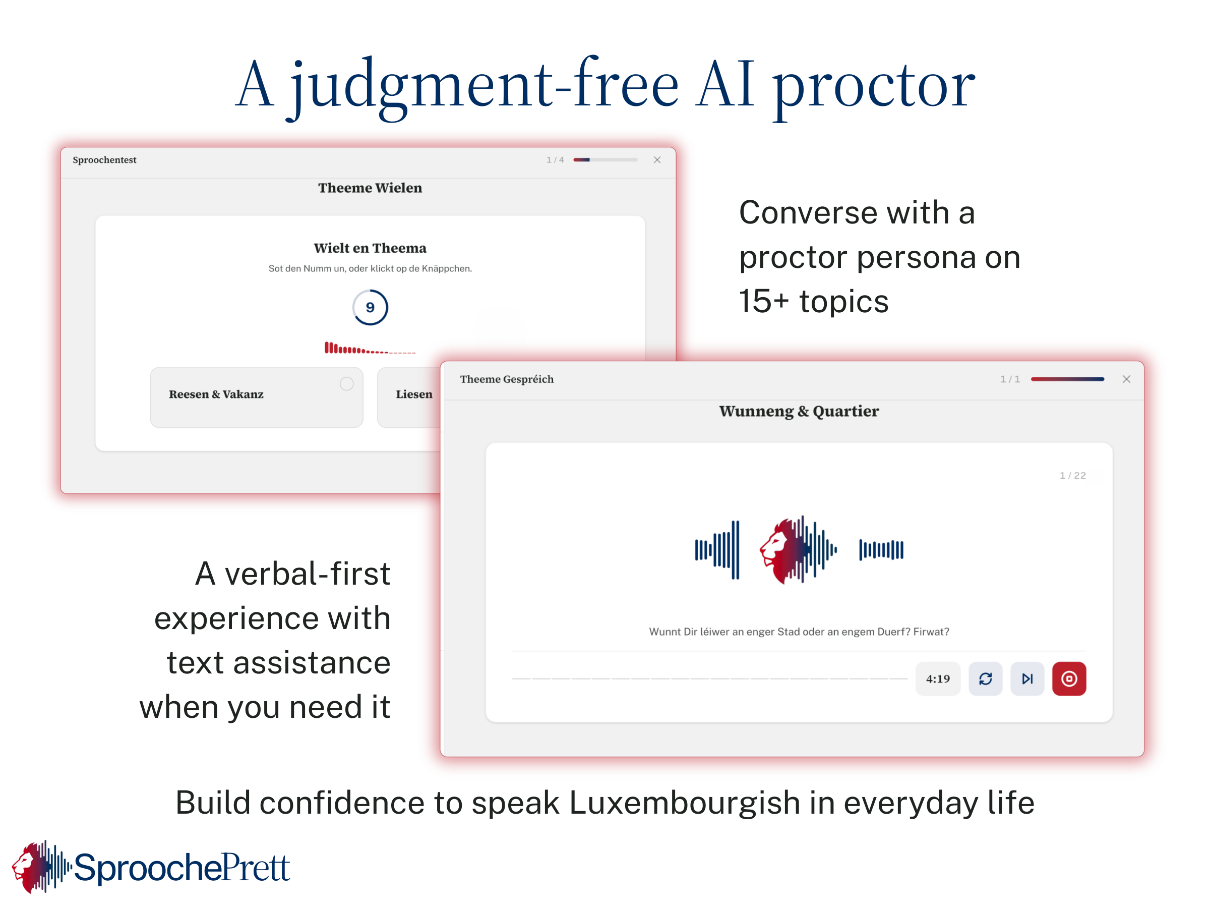 SproochePrett topic discussion interface featuring an AI proctor for practicing verbal Luxembourgish conversations and building everyday speaking confidence