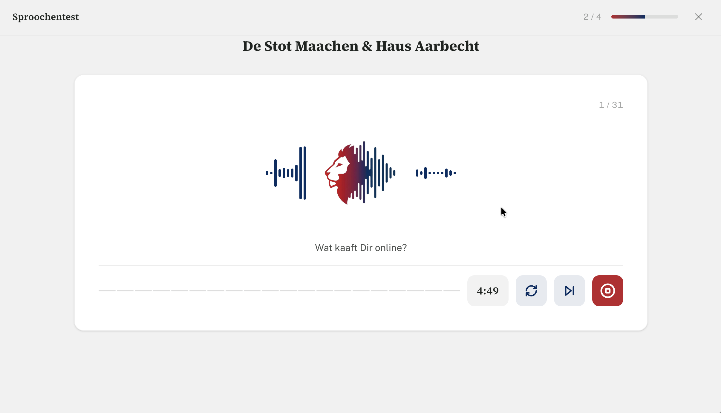 Step two of SproochePrett: practicing verbal Luxembourgish by speaking directly to a judgment-free AI exam proctor.