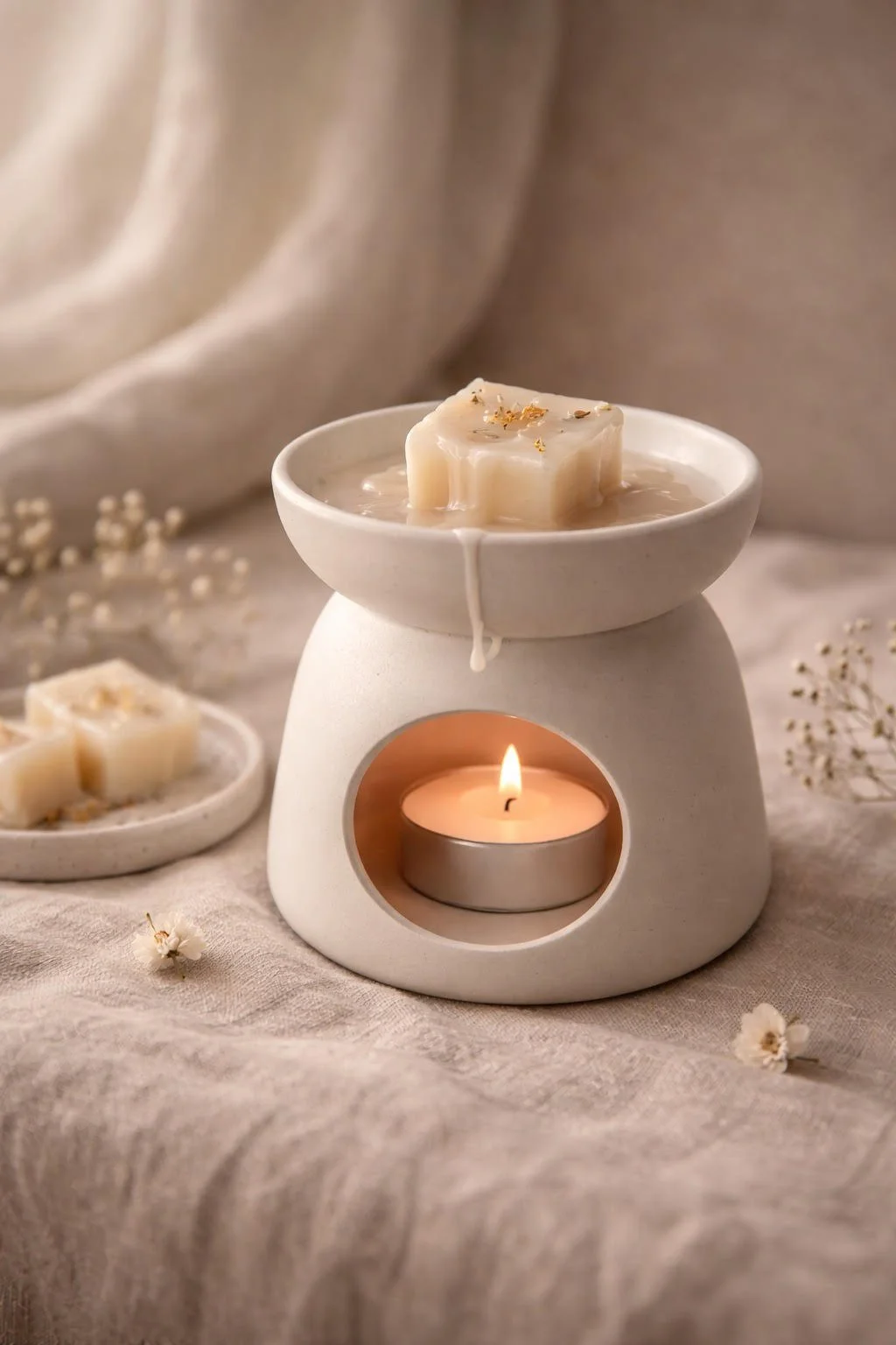 A white wax melter with a tea light candle inside, melting a large piece of white wax on top, surrounded by small white flowers, a small plate of wax pieces, and a beige fabric background.