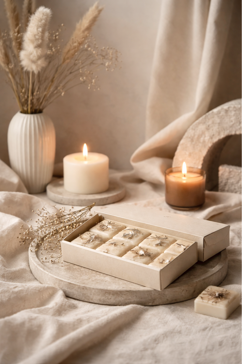 A soft, neutral-toned scene featuring three lit candles, a white vase with dried pampas grass, and a box of floral soap bars, all arranged on a light-colored fabric surface with decorative stones in the background.
