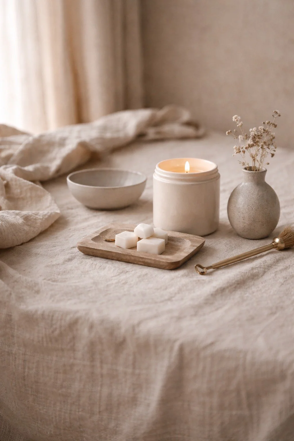 A cozy, neutral-colored table scene with a lit candle, a small vase with dried flowers, a square wooden tray holding white wax melts, a shallow bowl, and a bath brush, all on a textured beige tablecloth.