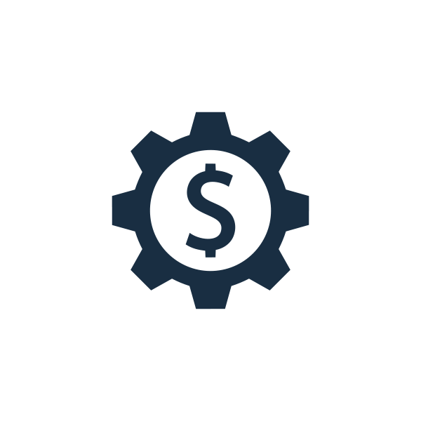 Icon of a gear with a dollar sign in the center, symbolizing cost effectiveness and efficiency.