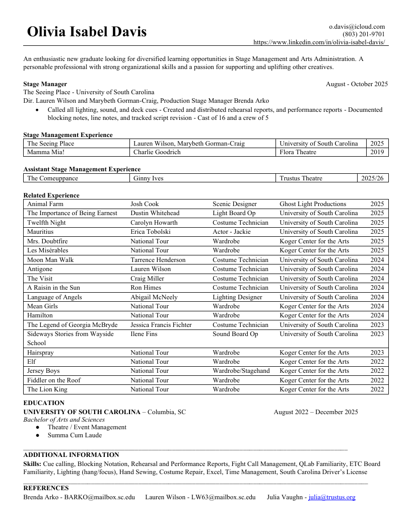 Resume for Olivia Isabel Davis listing her contact information, experience, education, and skills in stage management and arts administration.