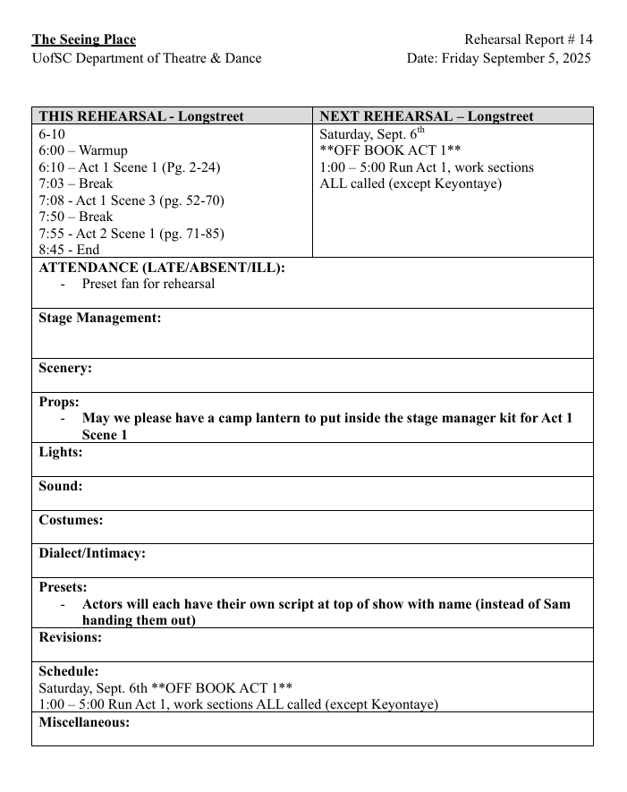 Rehearsal schedule for 'The Seeing Place' theater department listing rehearsal times, instructions, and notes for upcoming performances.